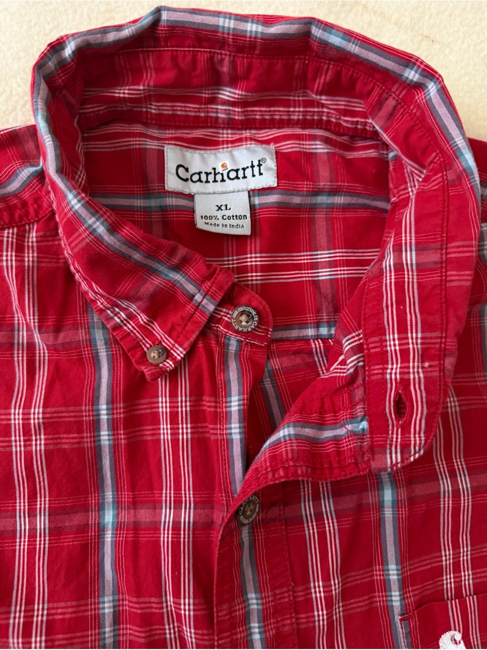 Carhartt Men's Red Plaid Short Sleeve Button Down Shirt Size XL 100% Cotton